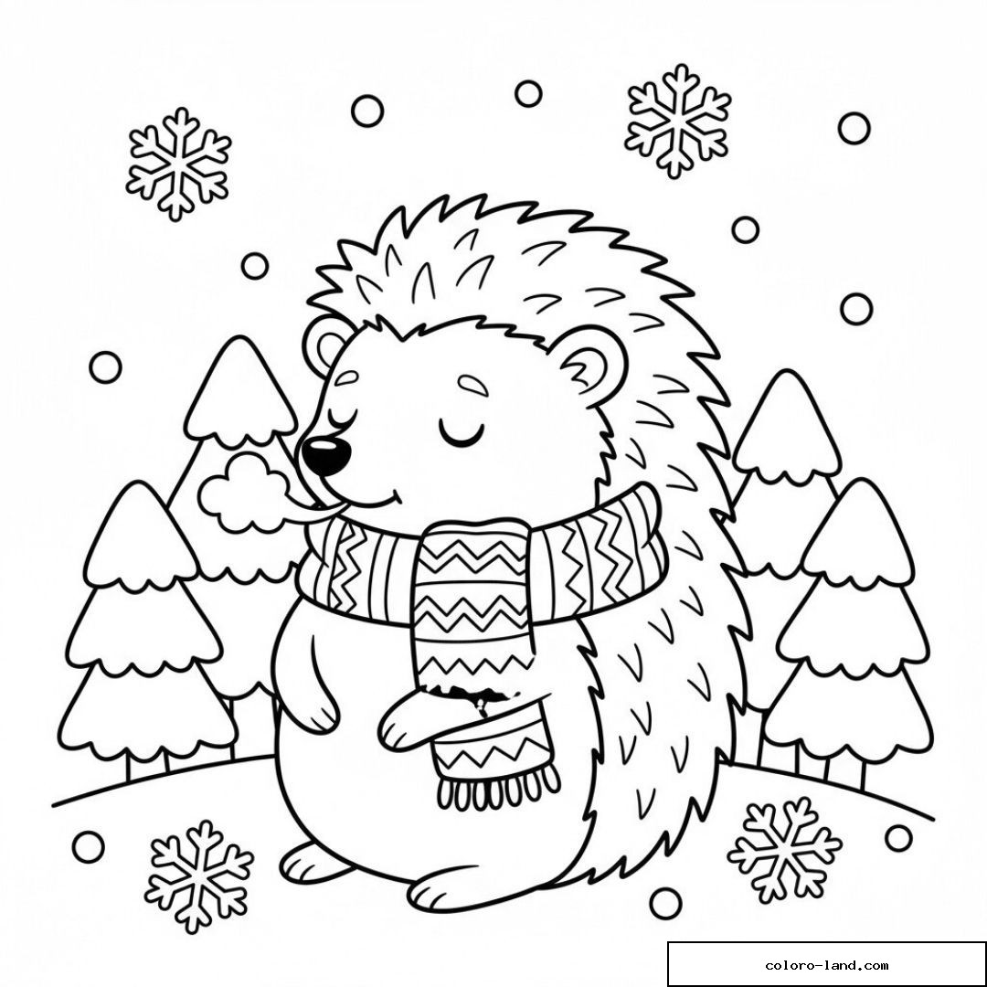 Hérisson avec écharpe entouré de neige et sapins
