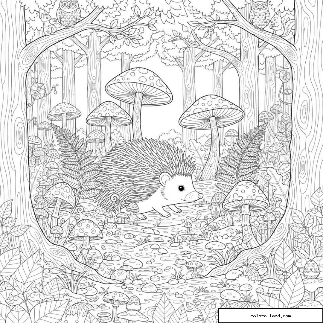 Hérisson parmi champignons et arbres