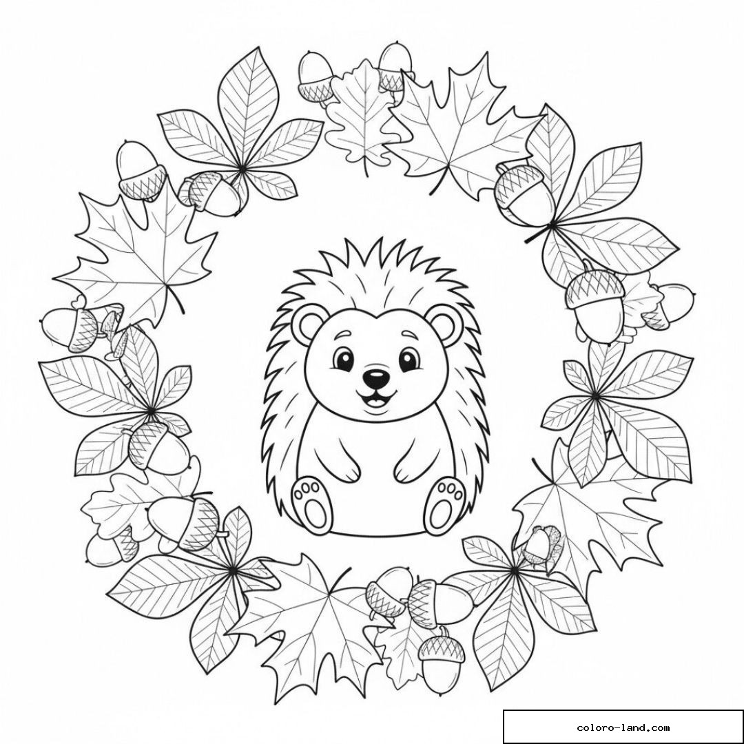 Hérisson mignon entouré de feuilles d'automne et glands à colorier