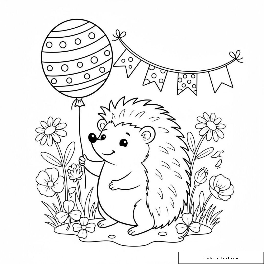 Hérisson avec ballon et fleurs à colorier