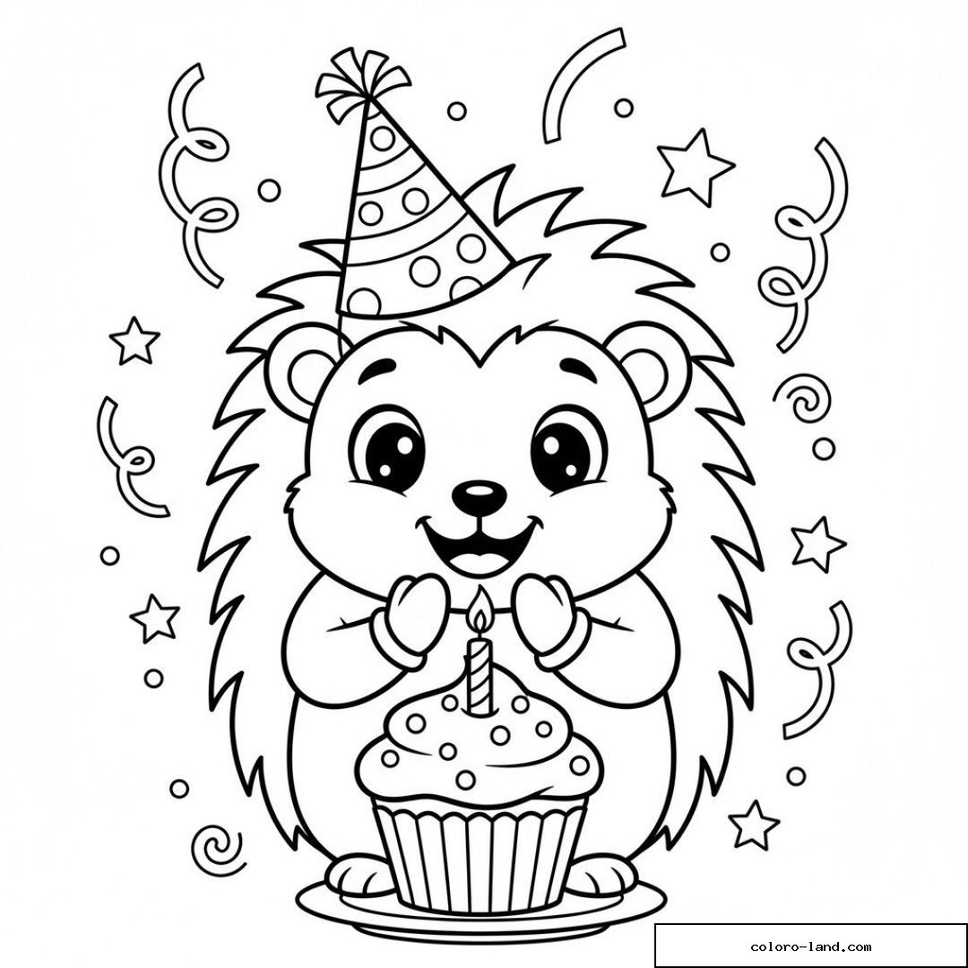 Hérisson joyeux avec chapeau de fête et cupcake à colorier