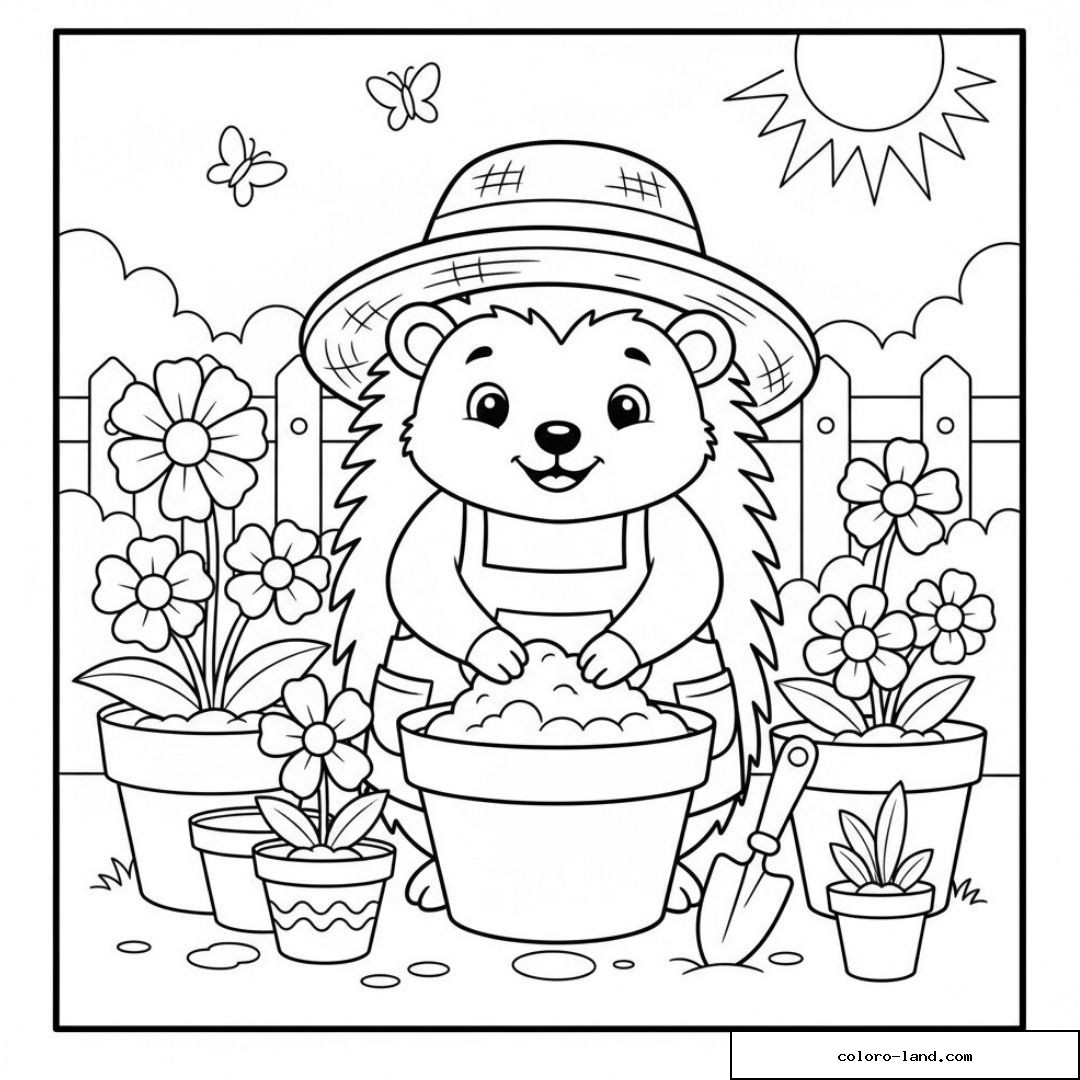 Hérisson jardinier avec chapeau