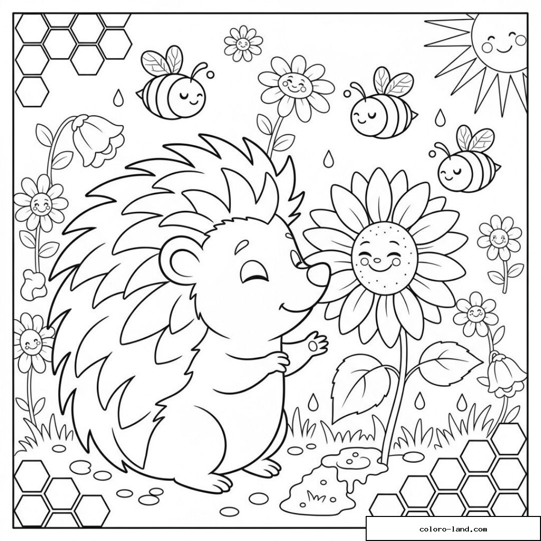 Hérisson mignon avec abeilles souriantes et fleurs heureuses à colorier.