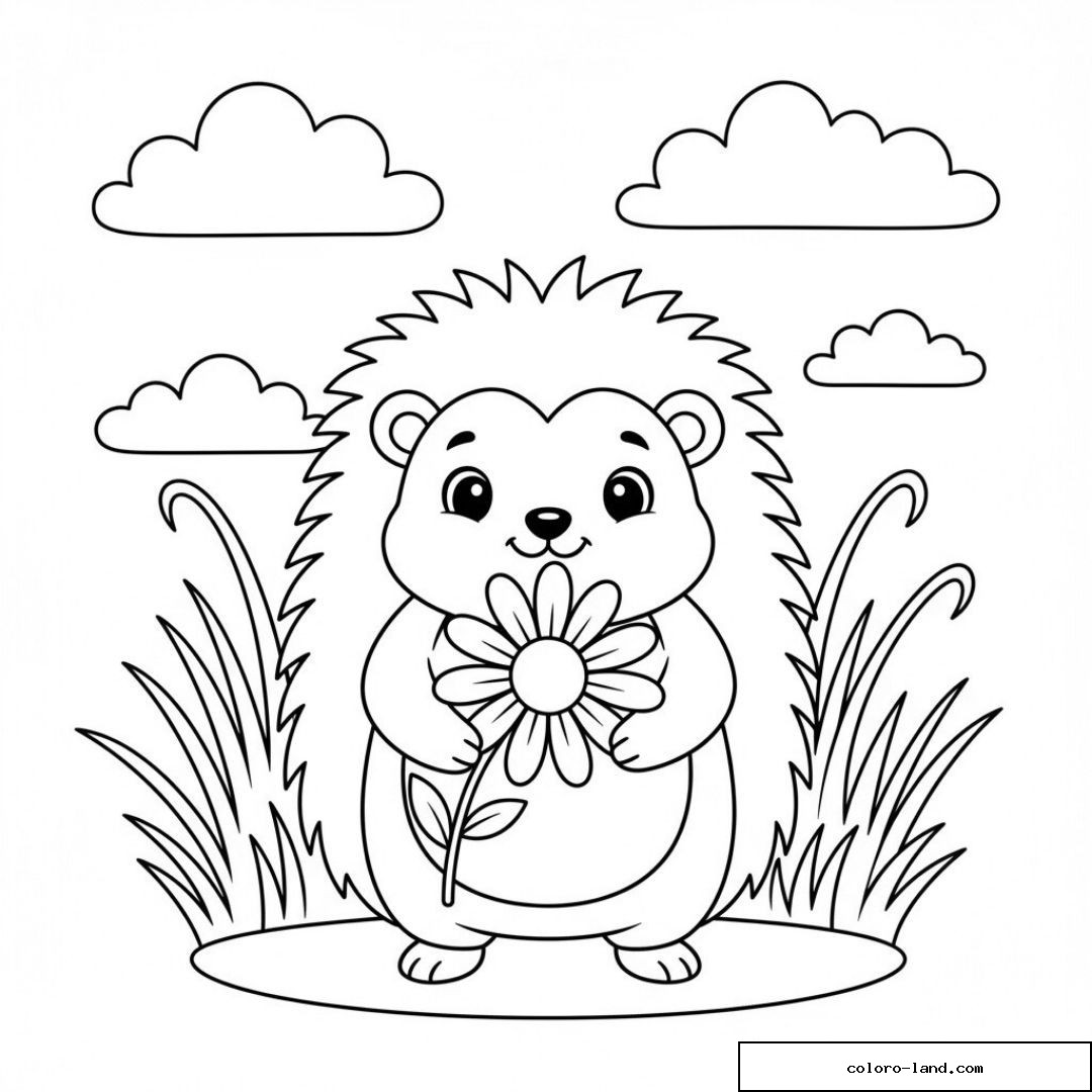 Hérisson mignon tenant une fleur dans un jardin avec nuages.
