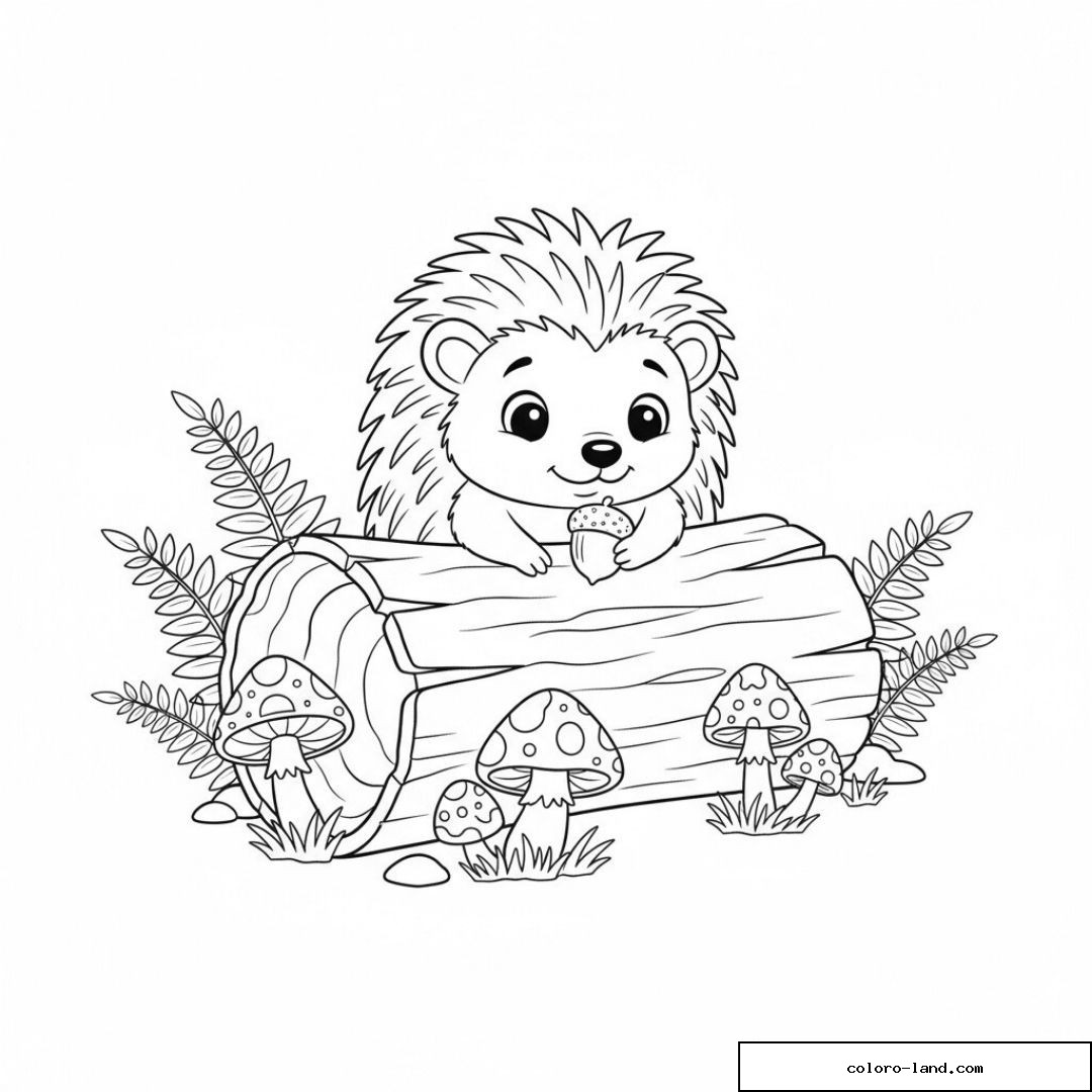 Hérisson mignon sur bûche entourée de champignons et feuillage.