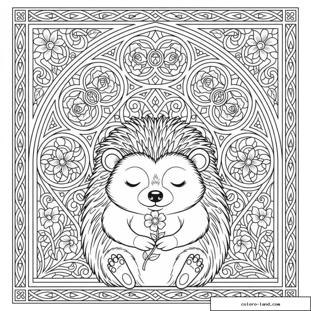Hérisson mignon tenant une fleur avec un cadre de motifs floraux