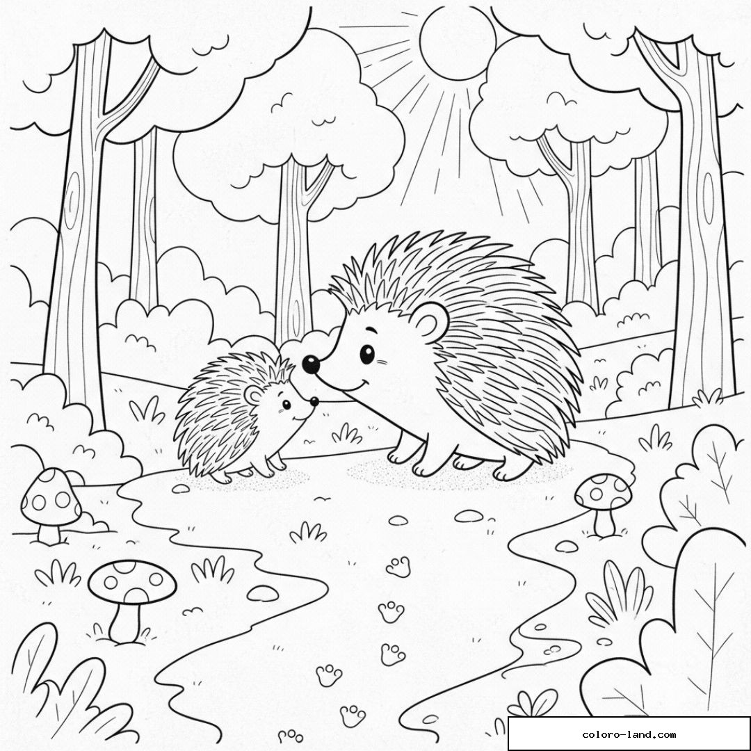 Dessin de hérissons mignons dans une forêt ensoleillée.