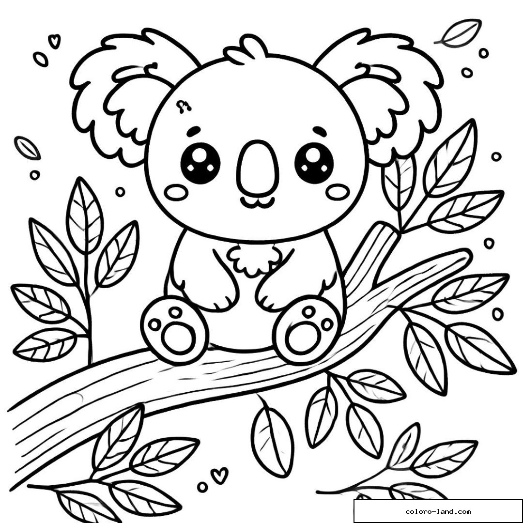 Koala mignon assis sur une branche avec des feuilles autour.