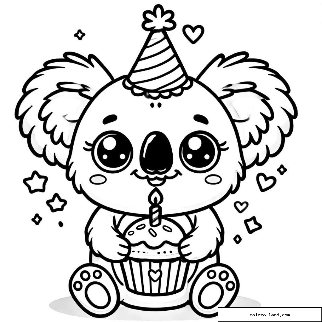 Koala mignon avec un cupcake et un chapeau de fête à colorier.
