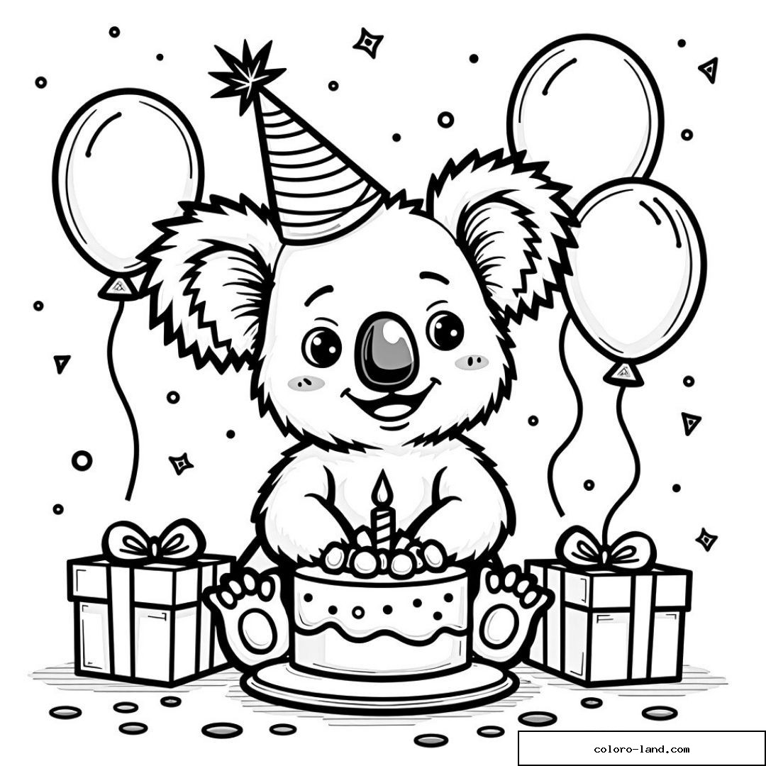 Coloriage de koala avec gâteau et ballons de fête