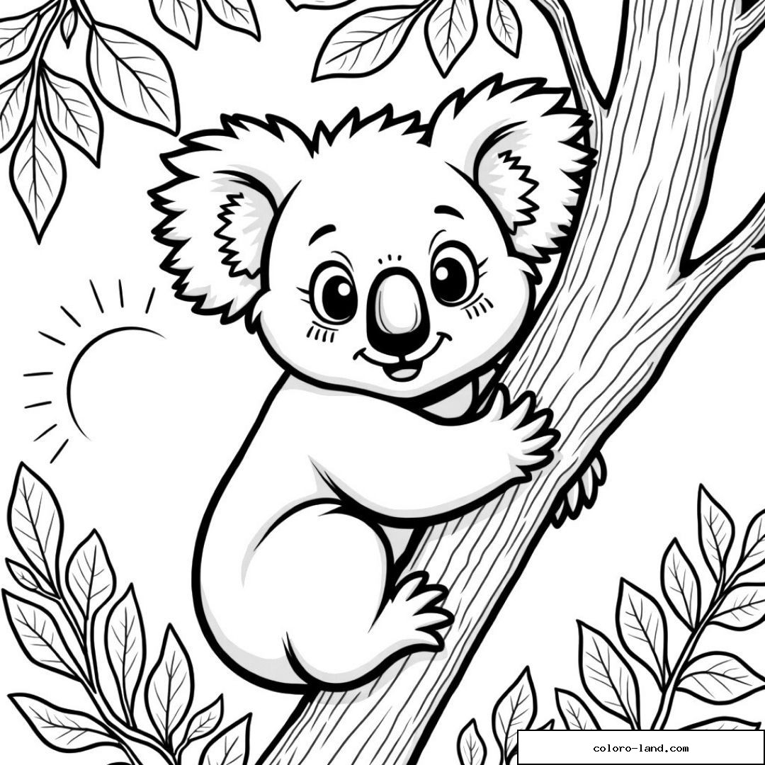 Coloriage koala mignon dans un arbre avec des feuilles