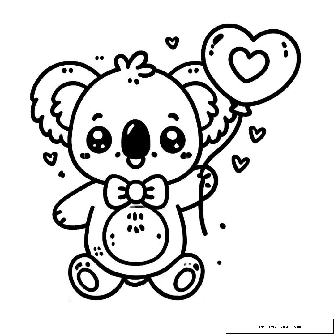 Koala mignon avec ballon en cœur pour coloriage enfant.