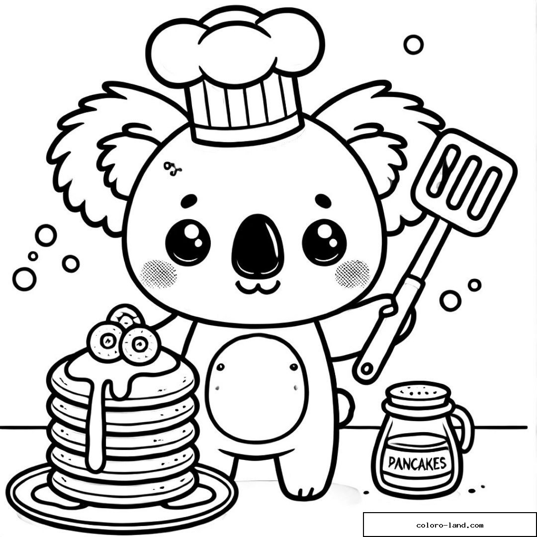 Koala chef mignon avec pancakes et spatule