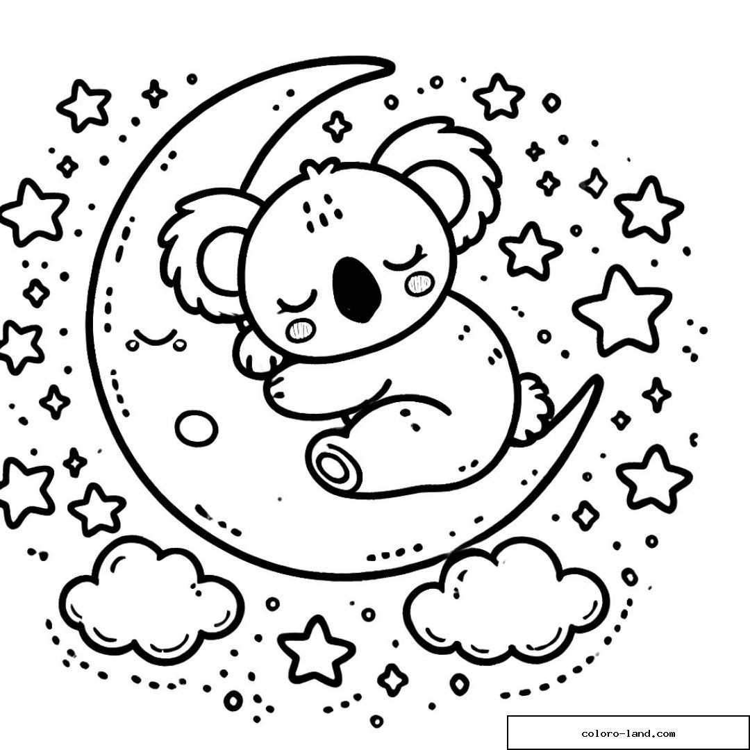 Koala endormi sur une lune avec étoiles et nuages tout autour.