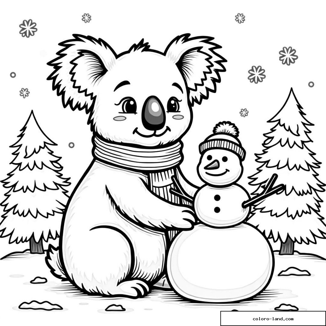 Illustration de koala avec bonhomme de neige et sapins