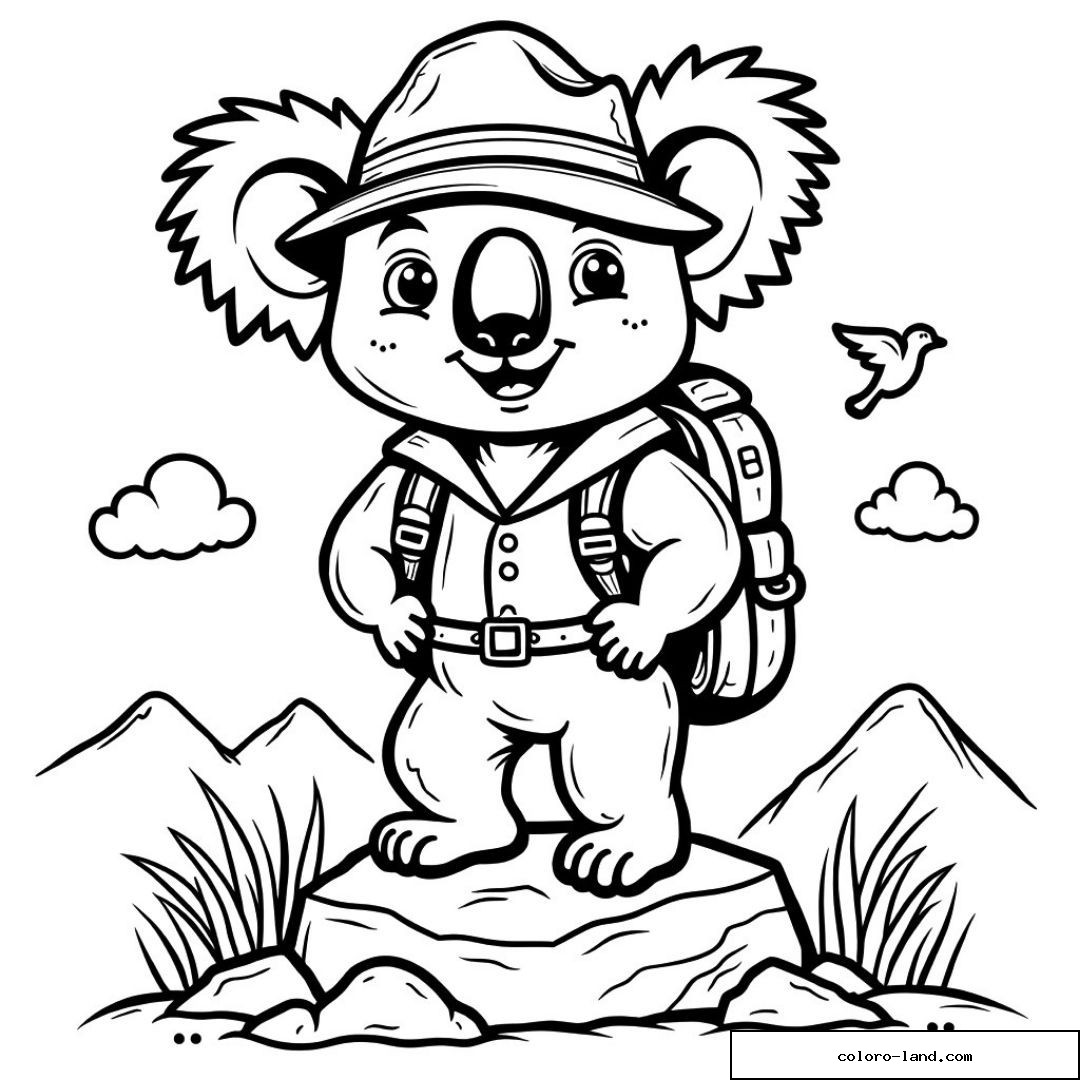Dessin de koala avec chapeau et sac à dos devant des montagnes.
