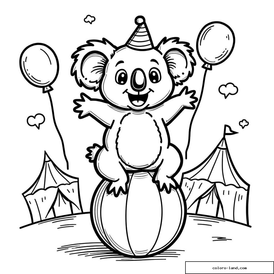 Dessin d'un koala sur une balle de cirque avec des ballons
