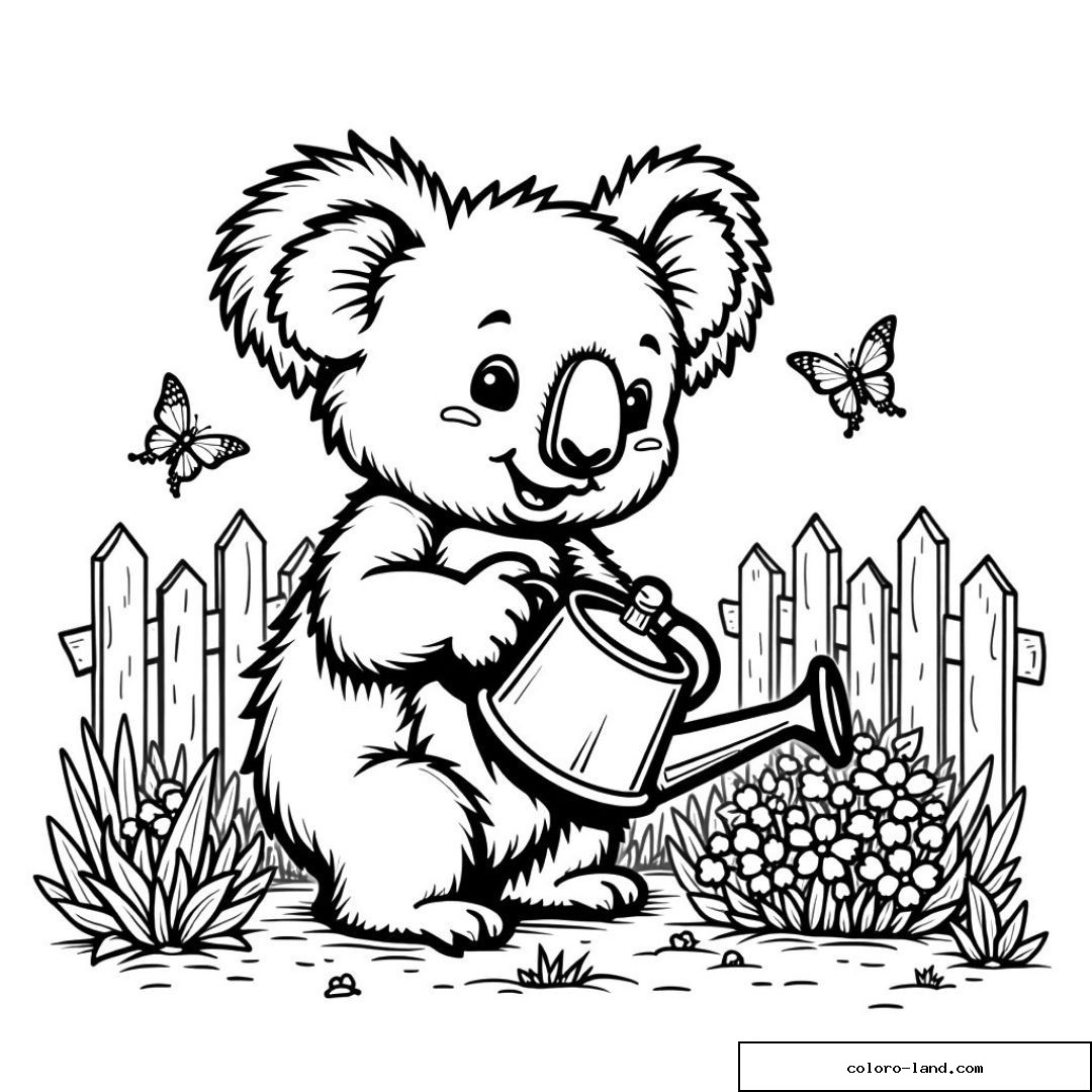 Dessin de koala arrosant des fleurs dans un jardin avec papillons.