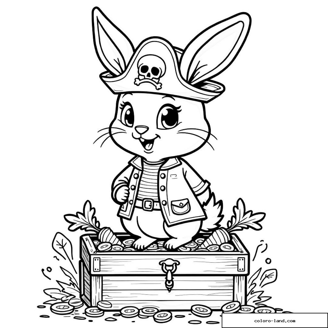 Lapin pirate joyeux sur un coffre au trésor rempli de pièces