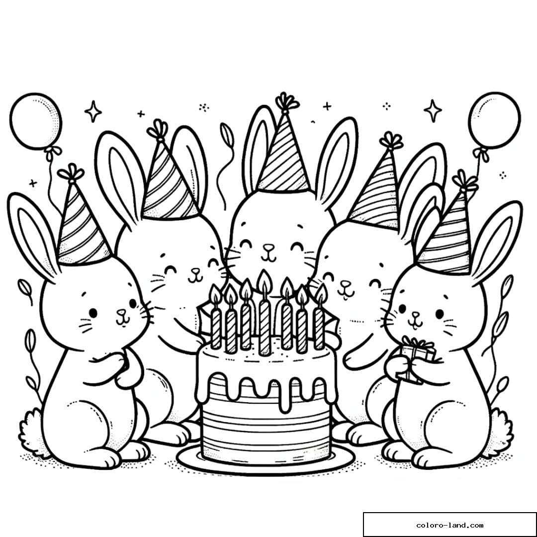 Coloriage d'une famille de lapins célébrant un anniversaire pour enfants