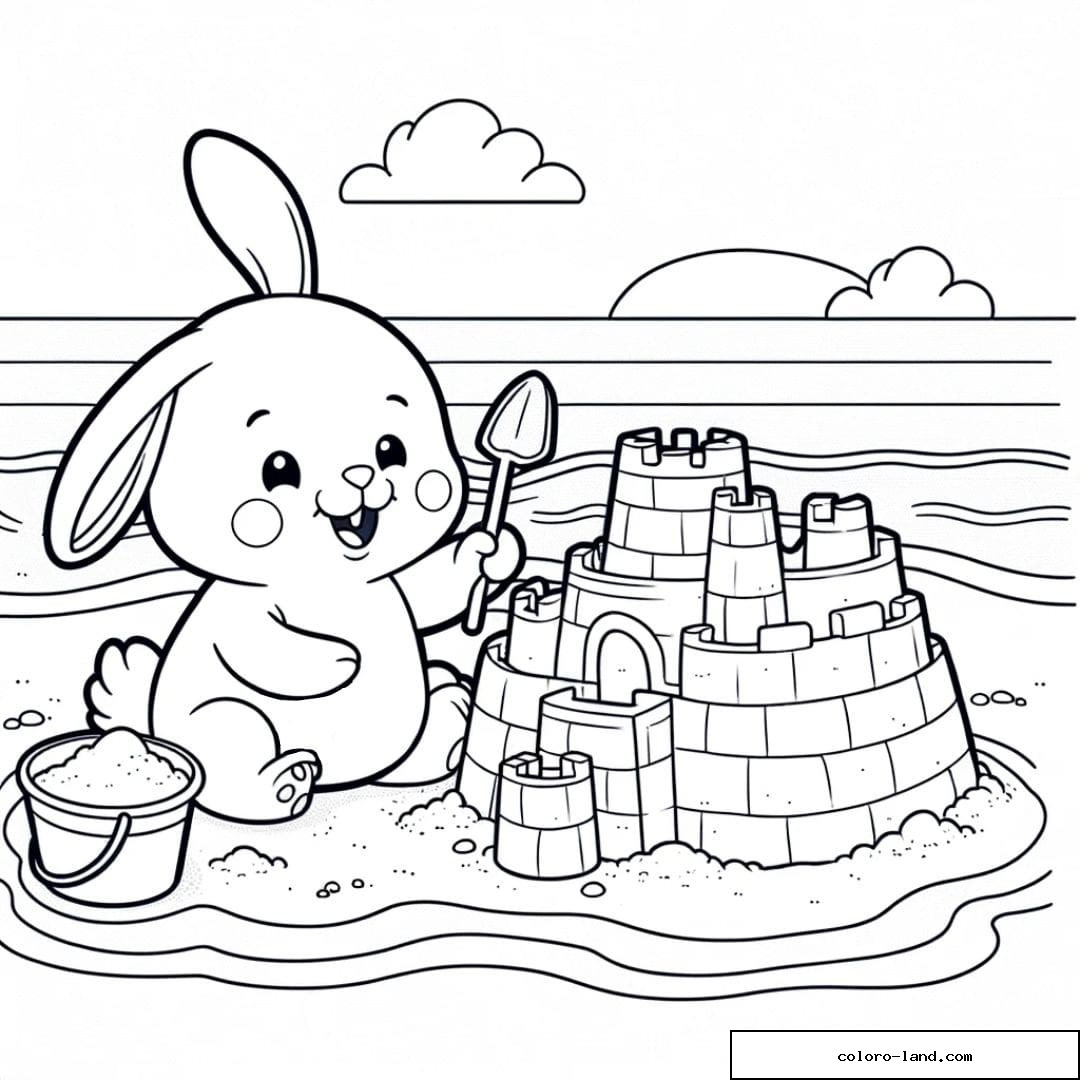 Coloriage d'un lapin construisant un château de sable pour enfants