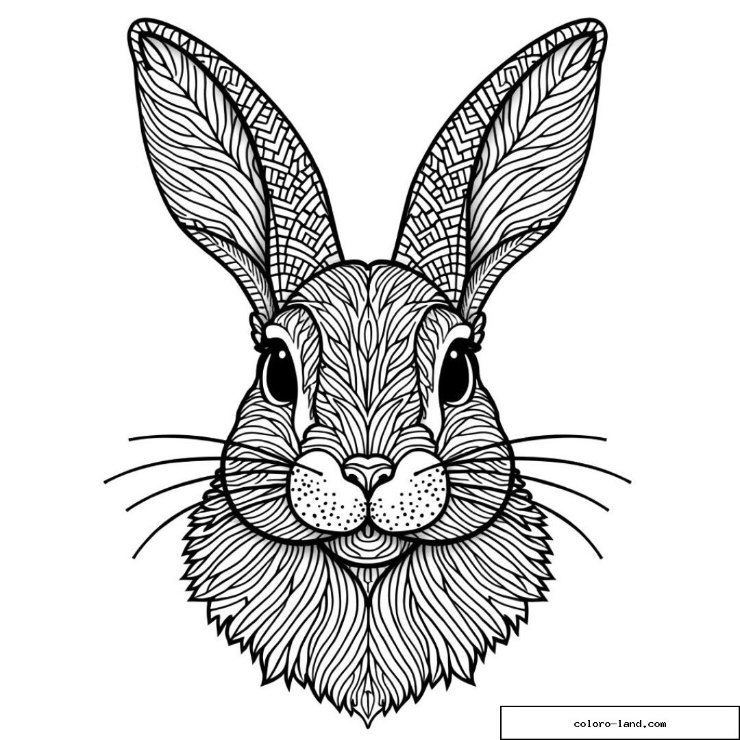 Dessin de tête de lapin avec motifs complexes à colorier.