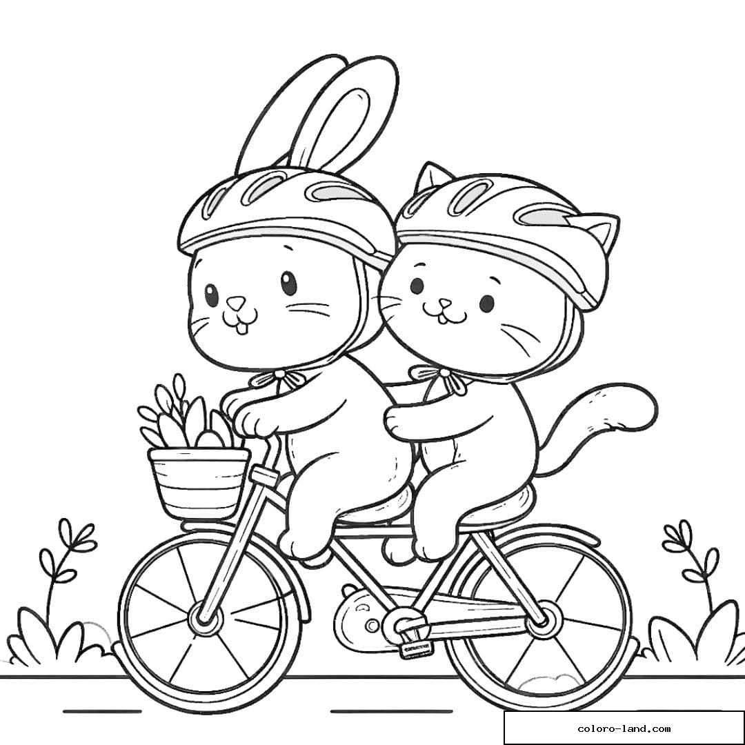 Coloriage d'un lapin et d'un chat faisant du vélo ensemble pour enfants