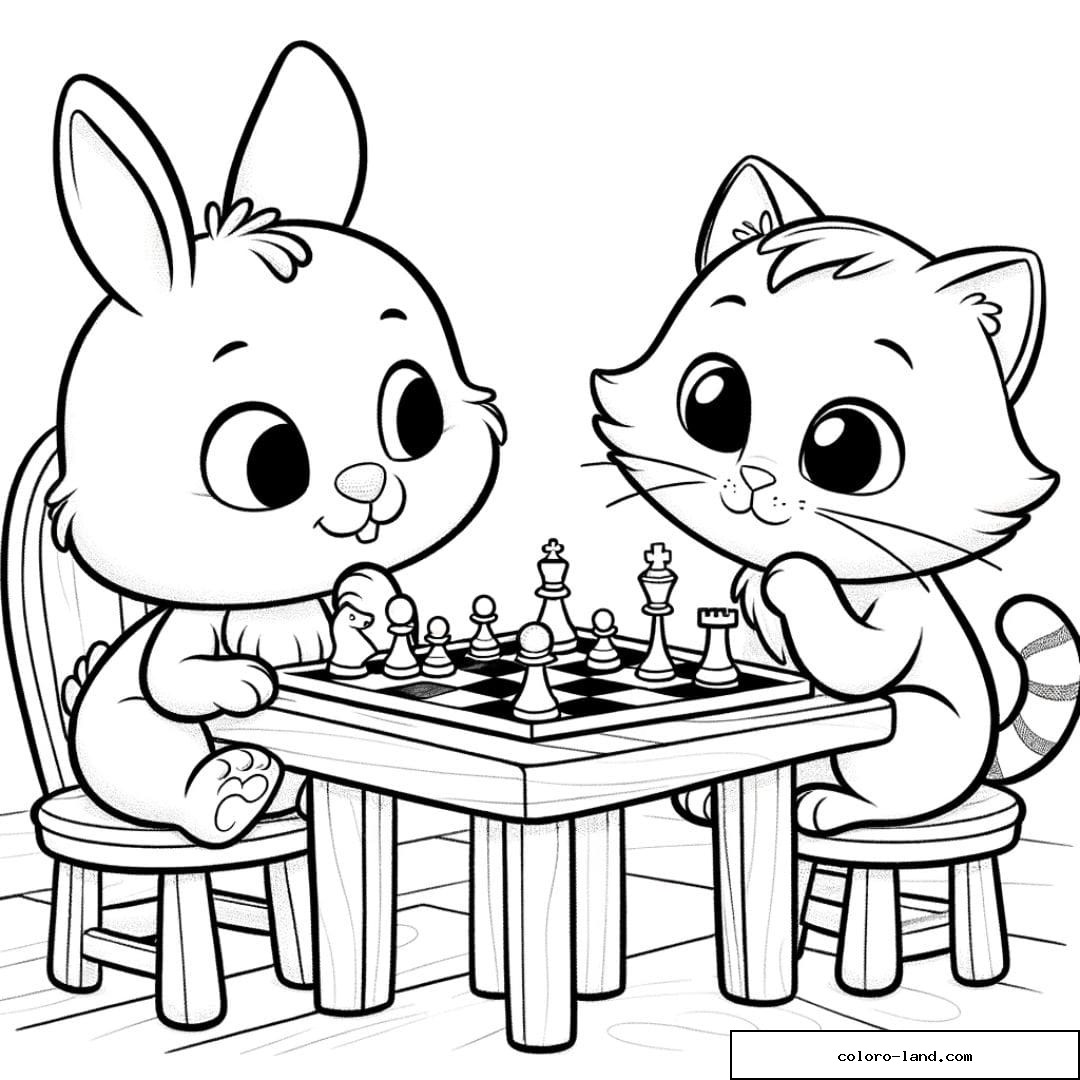 Coloriage d'un lapin et d'un chat jouant aux échecs pour enfants