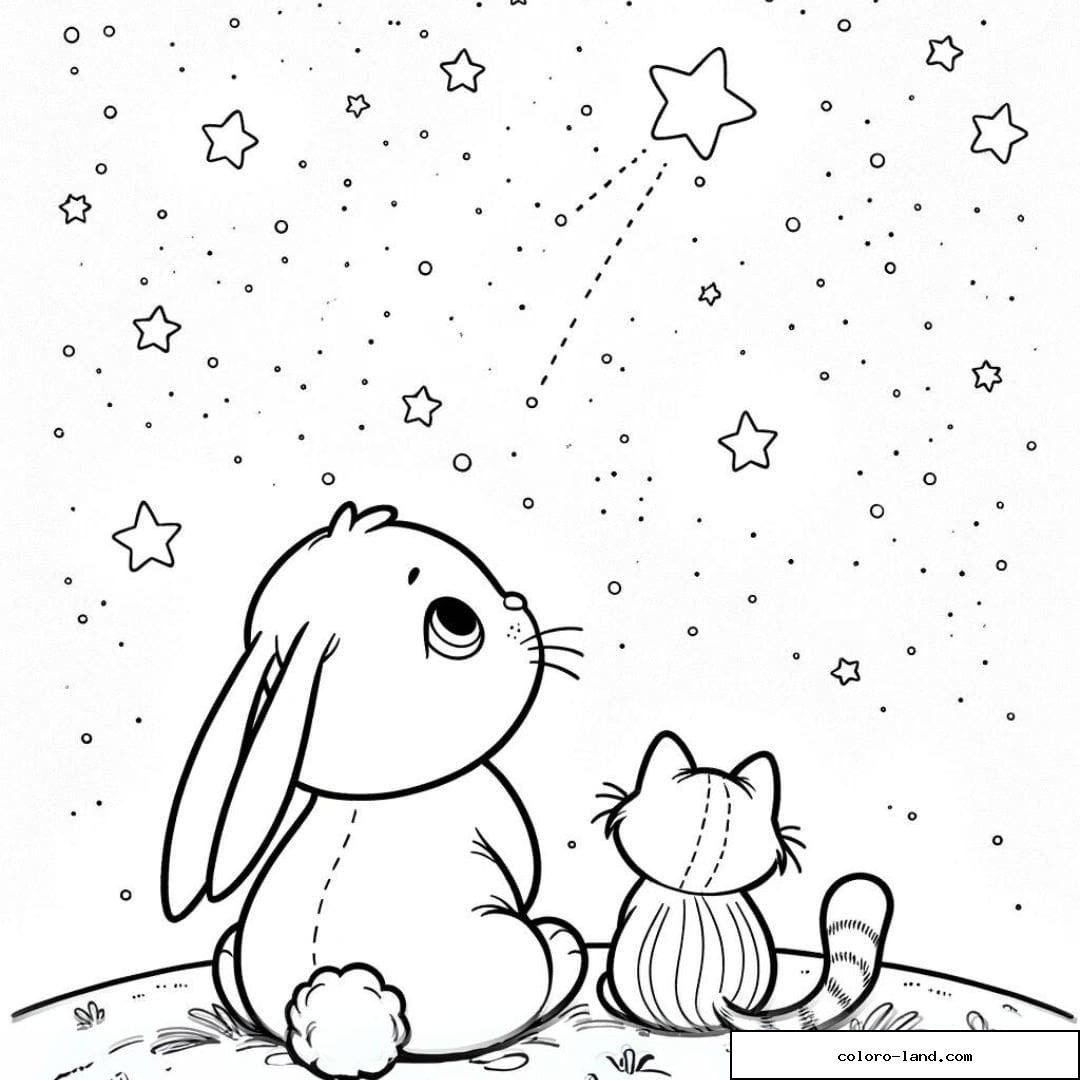 Coloriage d'un lapin et d'un chat regardant les étoiles pour enfants