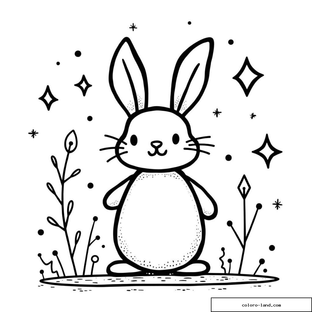 Un mignon lapin dans un décor magique avec étoiles et plantes.