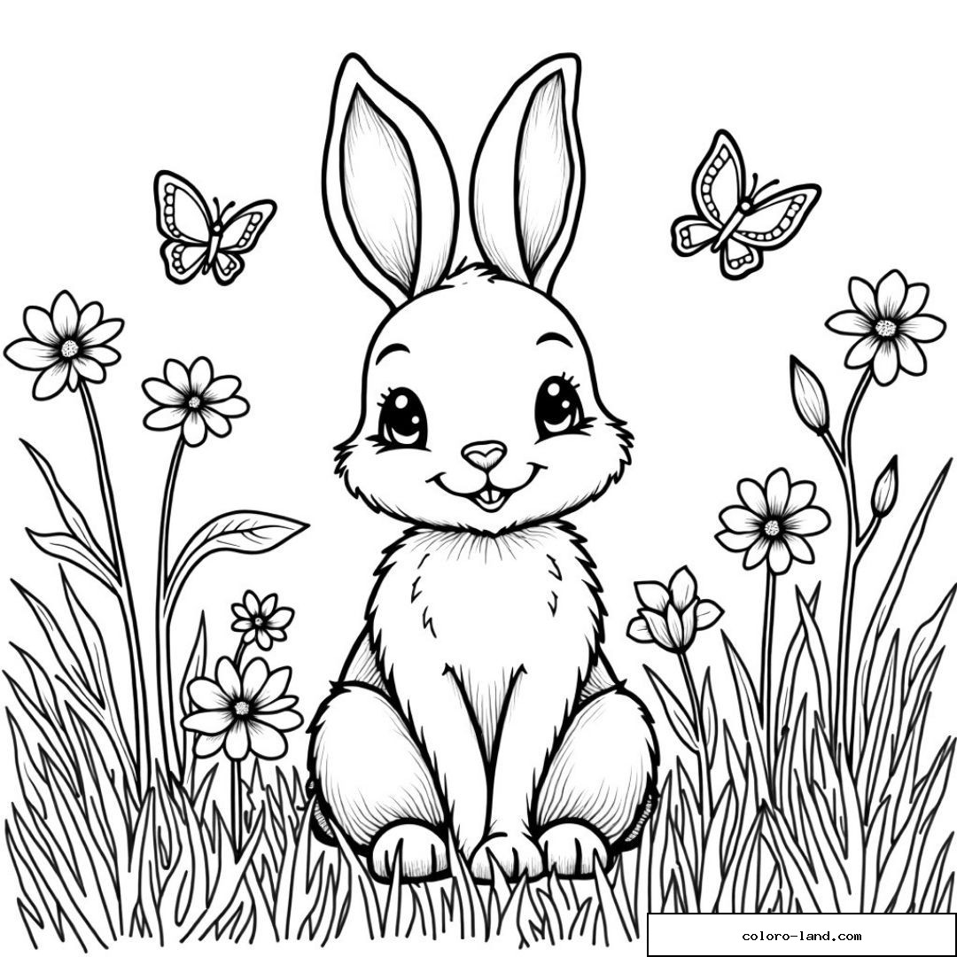 Lapin mignon avec papillons et fleurs à colorier pour enfants