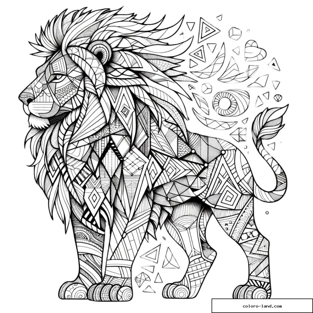 Dessin à colorier de lion abstrait avec motifs géométriques