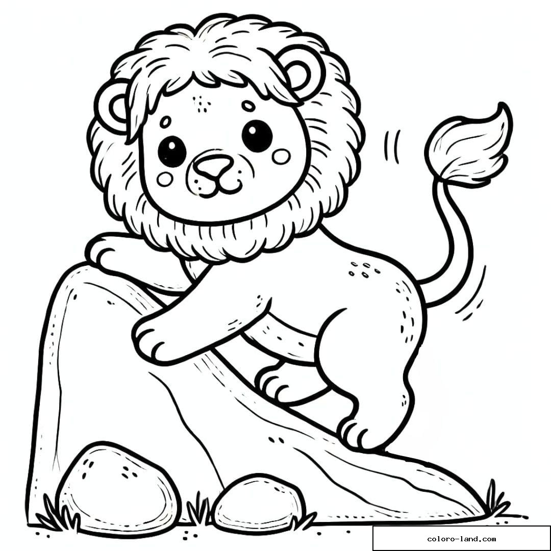 Dessin à colorier de lion grimpant sur un rocher pour enfants