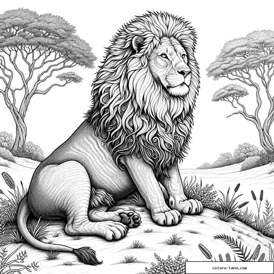 Dessin à colorier de lion majestueux dans la savane