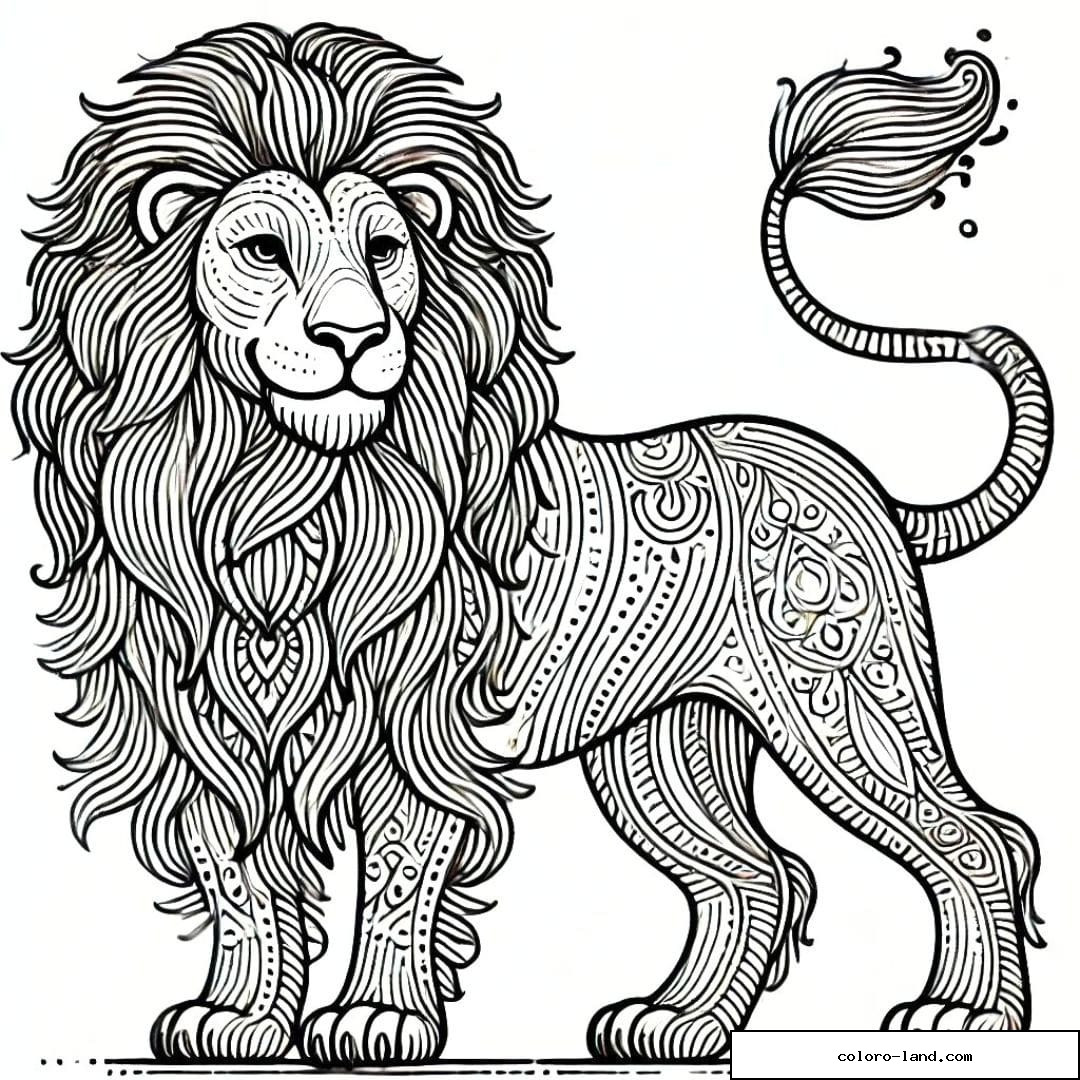 Dessin à colorier stylisé de lion debout majestueusement avec des motifs de crinière détaillés