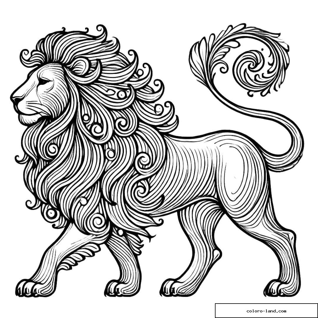 Dessin à colorier stylisé de lion marchant avec des motifs de crinière fluides