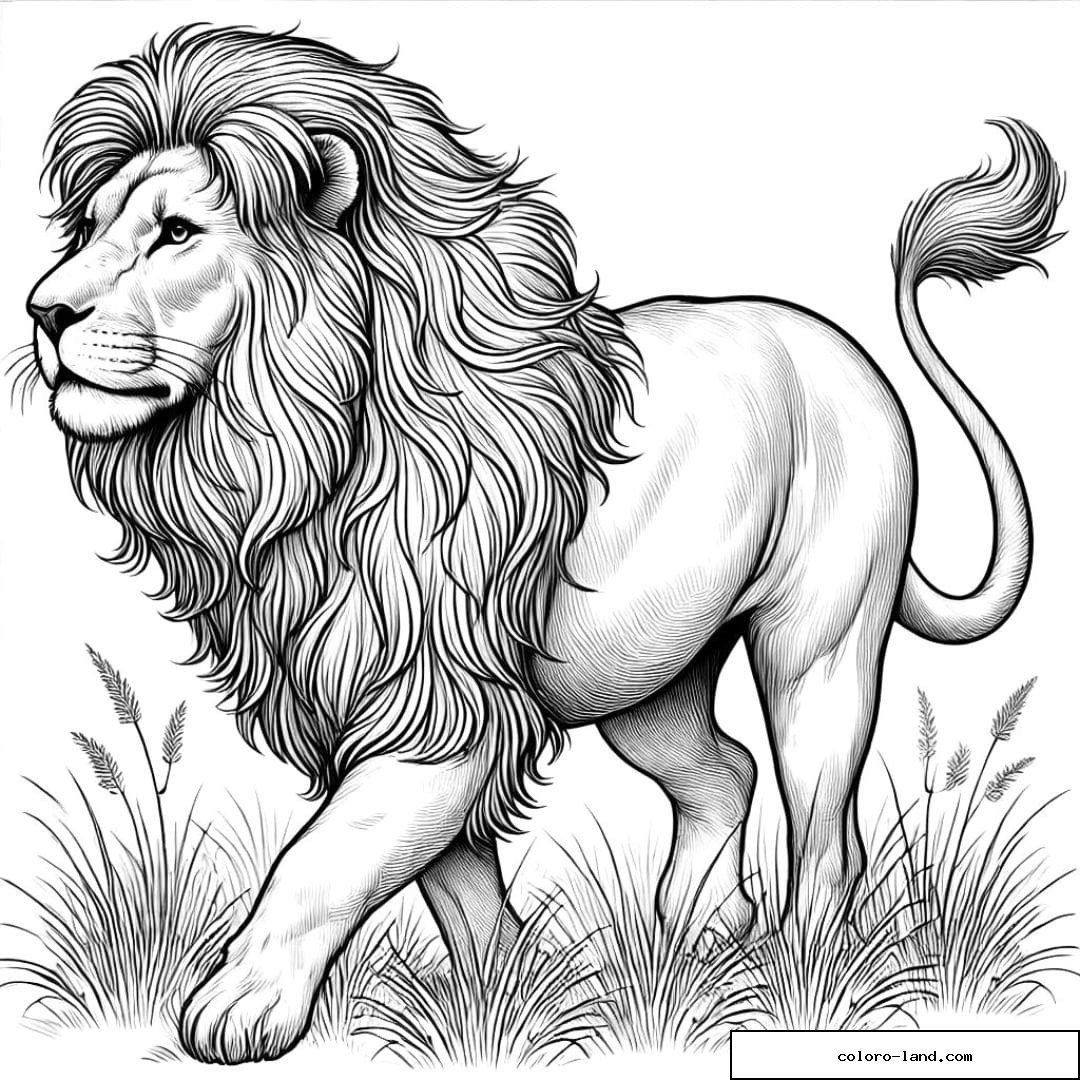 Dessin à colorier de lion réaliste marchant dans l'herbe avec une crinière détaillée