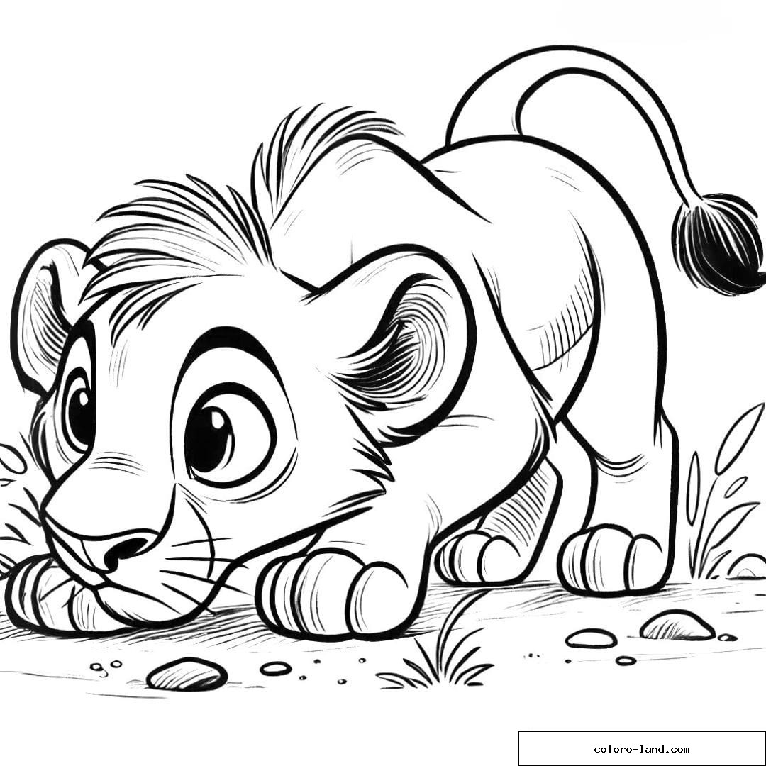 Dessin à colorier de lion reniflant le sol pour enfants