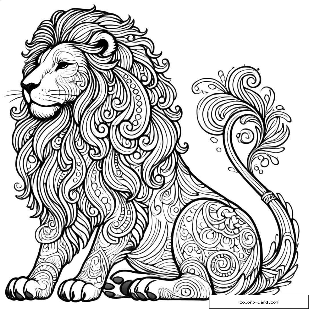 Dessin à colorier stylisé de lion assis avec des motifs de crinière ornés