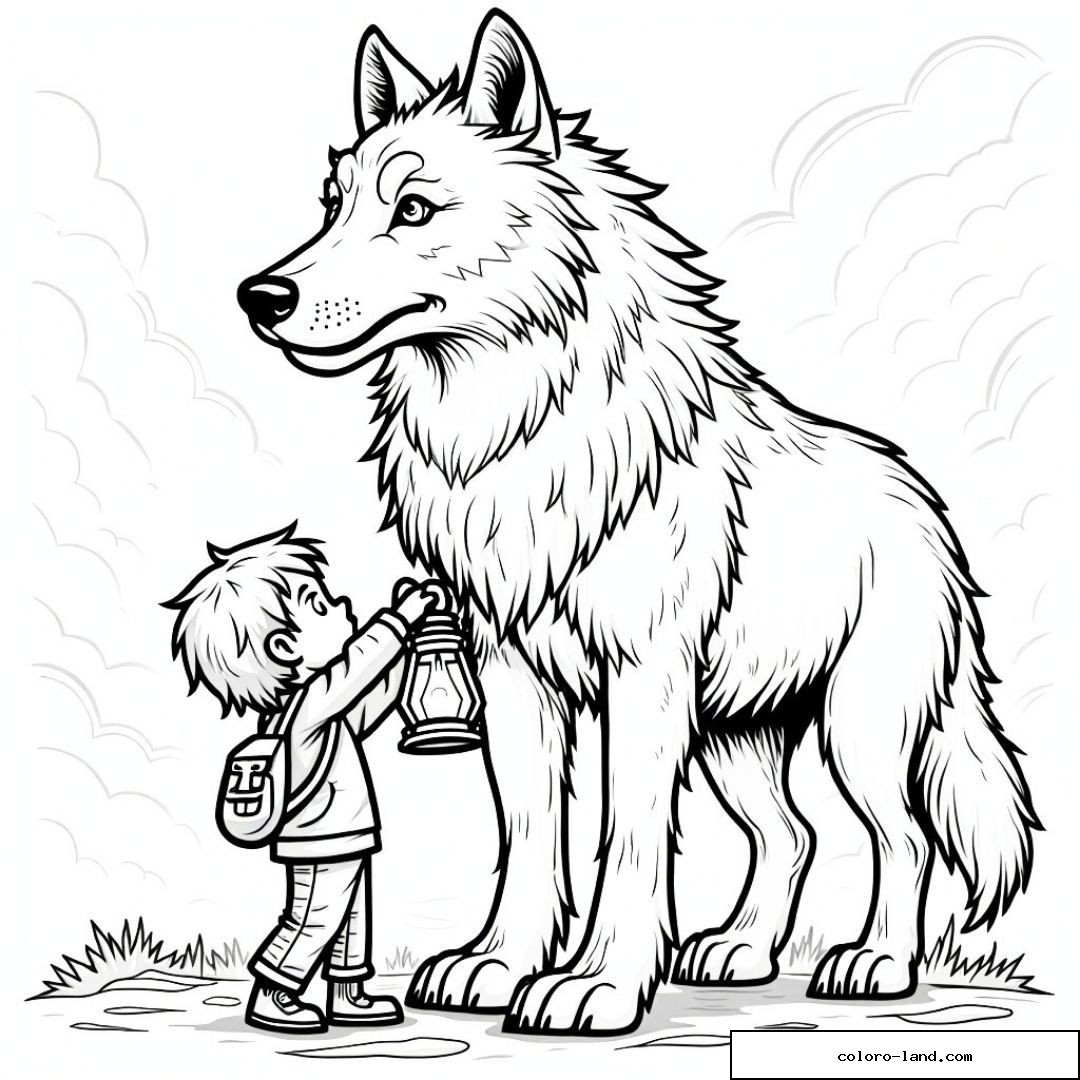 Enfant tenant une lanterne près d'un grand loup dans un champ