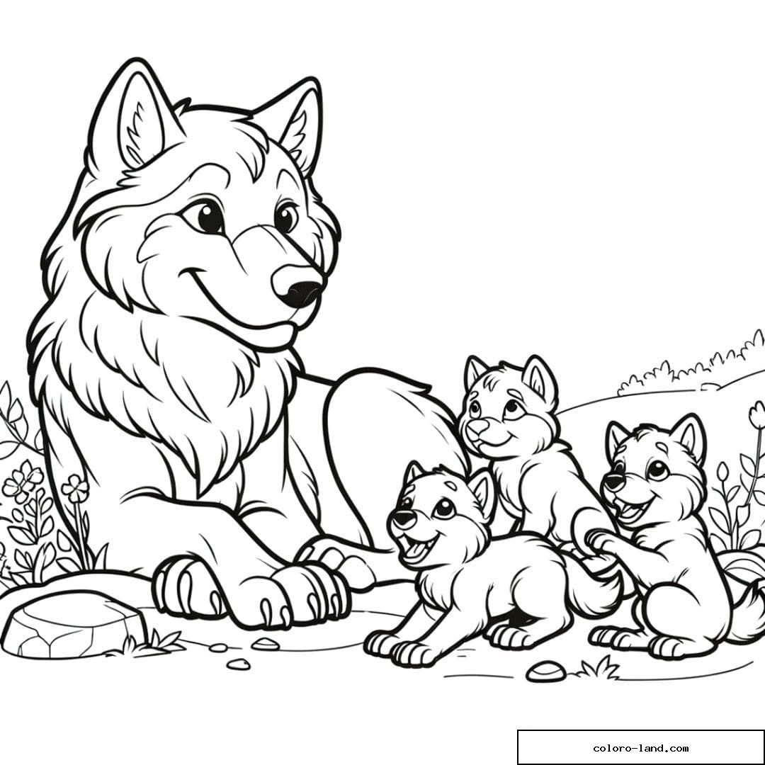 Dessin à colorier d'une famille de loups
