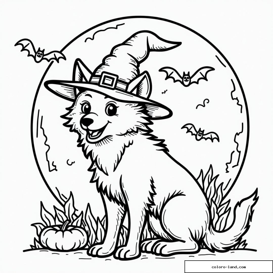Chien sorcier sous la lune avec chauves-souris et citrouille.