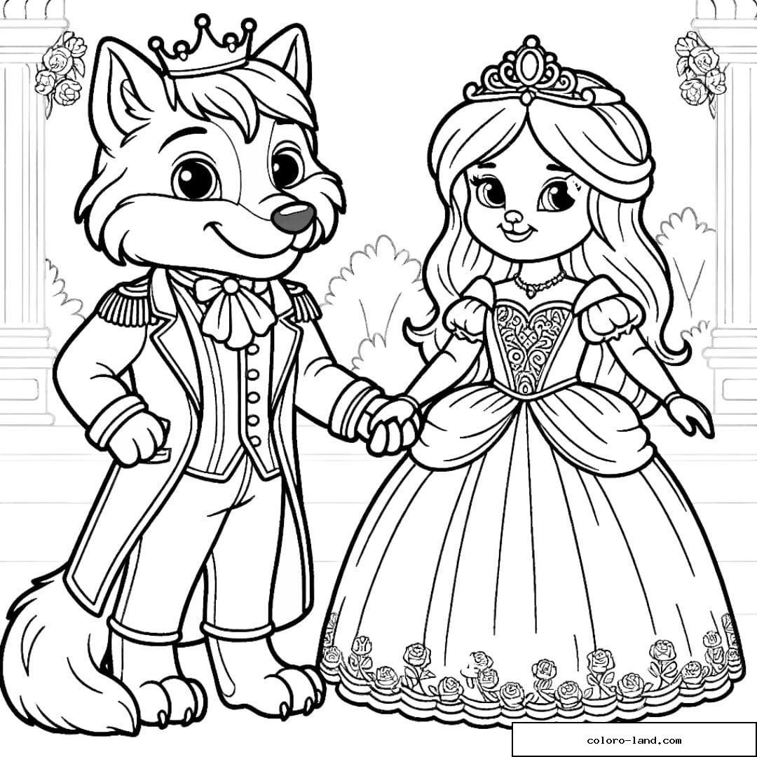 Dessin à colorier d'un loup déguisé en prince avec une princesse