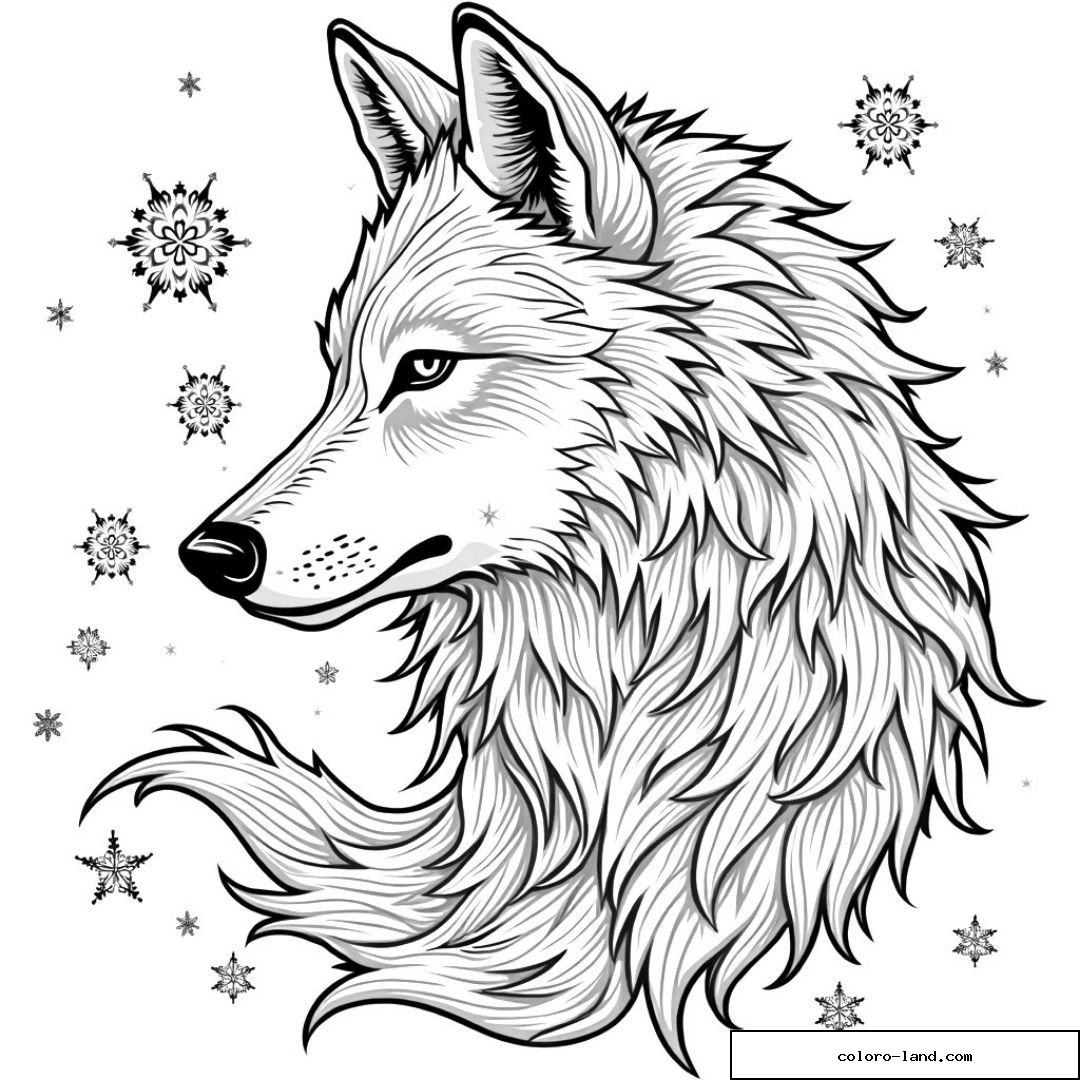 Dessin de loup détaillé avec flocons de neige pour coloriage