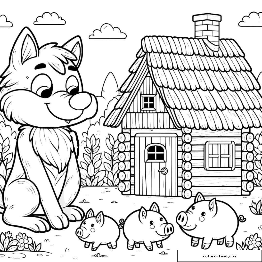 Image à colorier du loup et des trois petits cochons