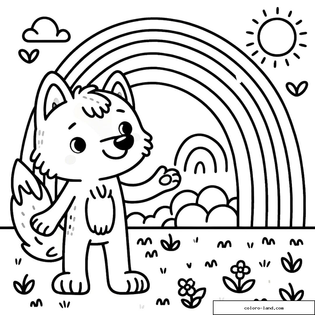 Coloriage d'un loup et un arc-en-ciel