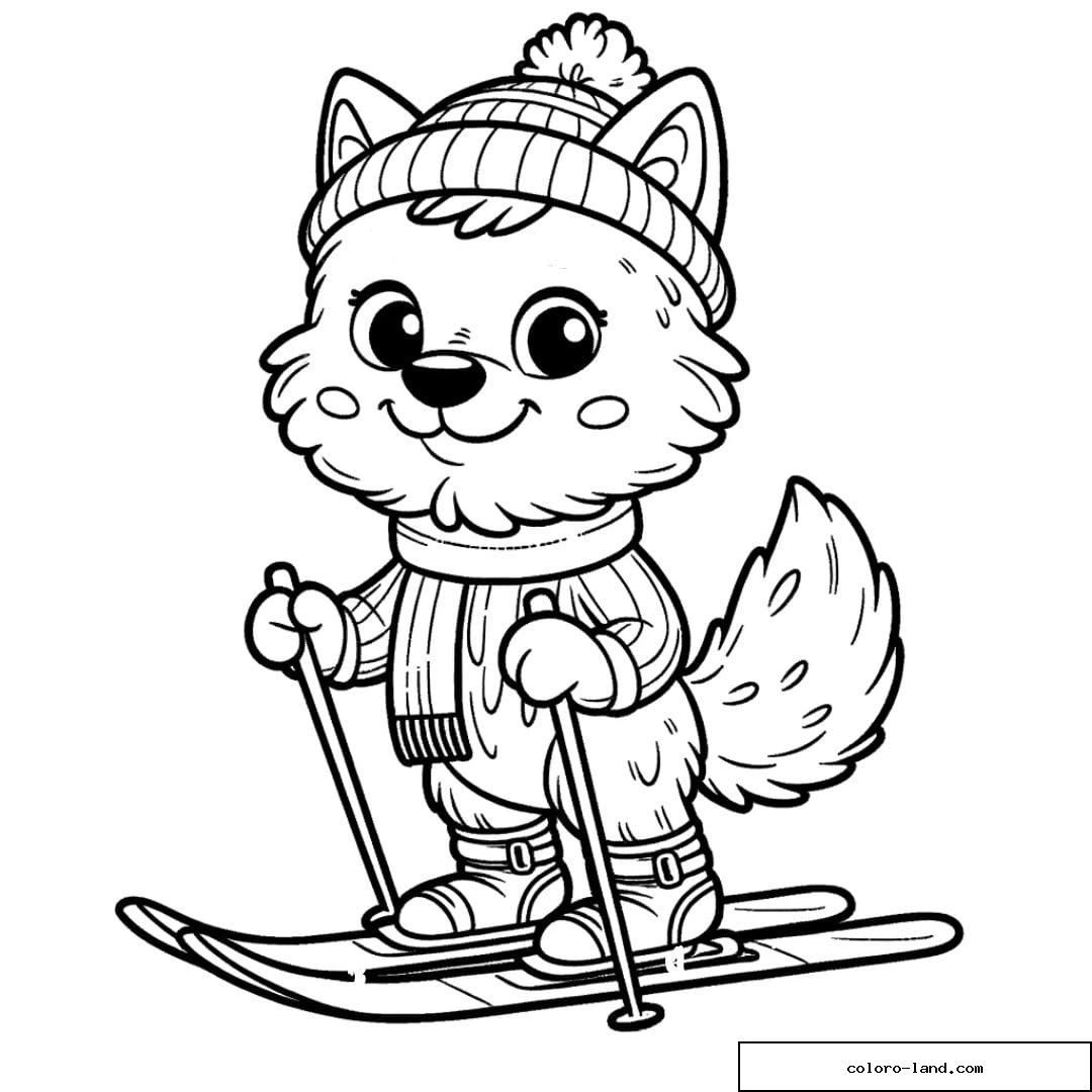 Dessin à colorier d'un loup faisant du ski