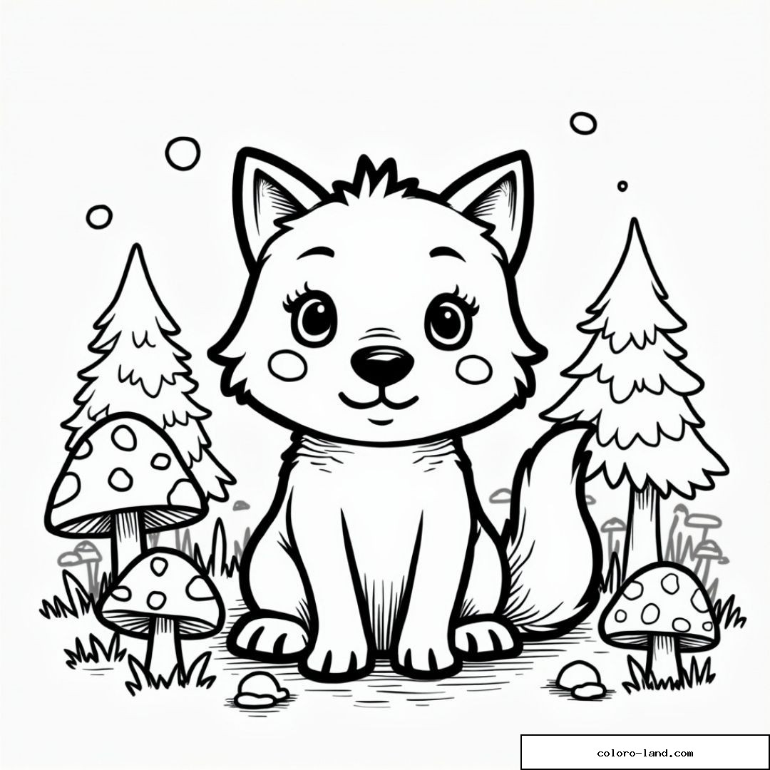 Petit loup adorable entouré d'arbres de forêt et de champignons.