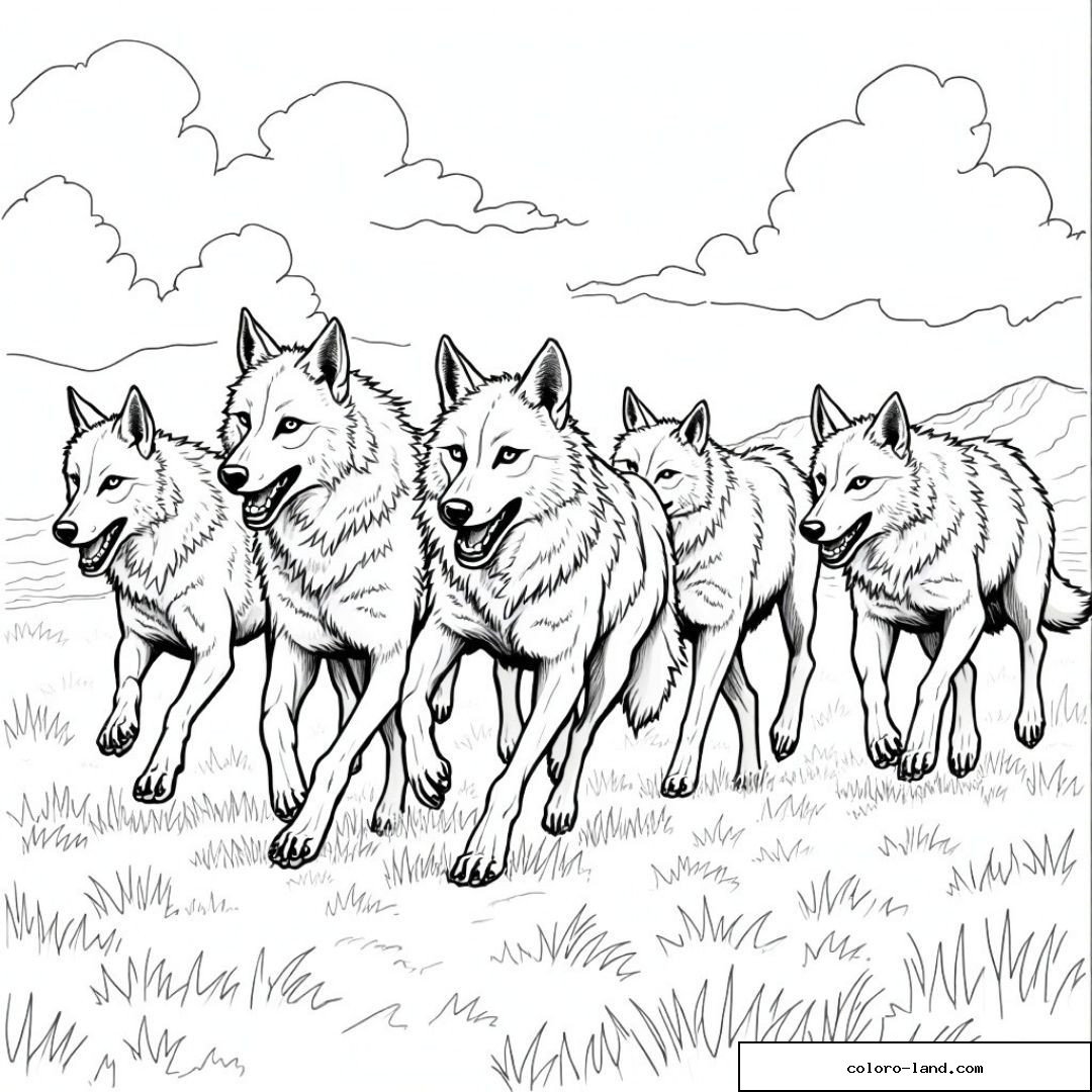 Illustration d'une meute de loups traversant une prairie sous un ciel nuageux.