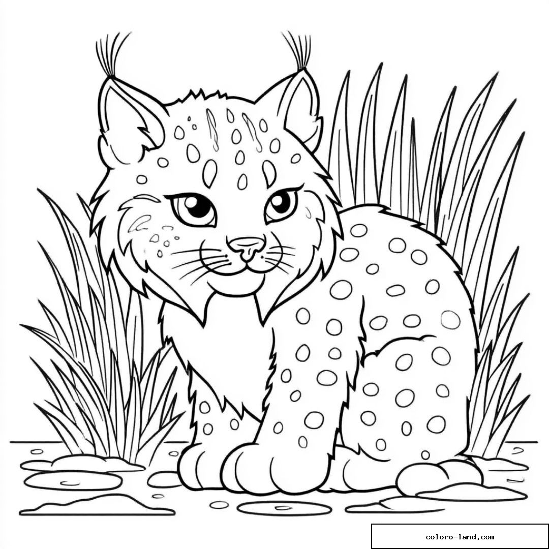Dessin de lynx mignon parmi l'herbe et les rochers.